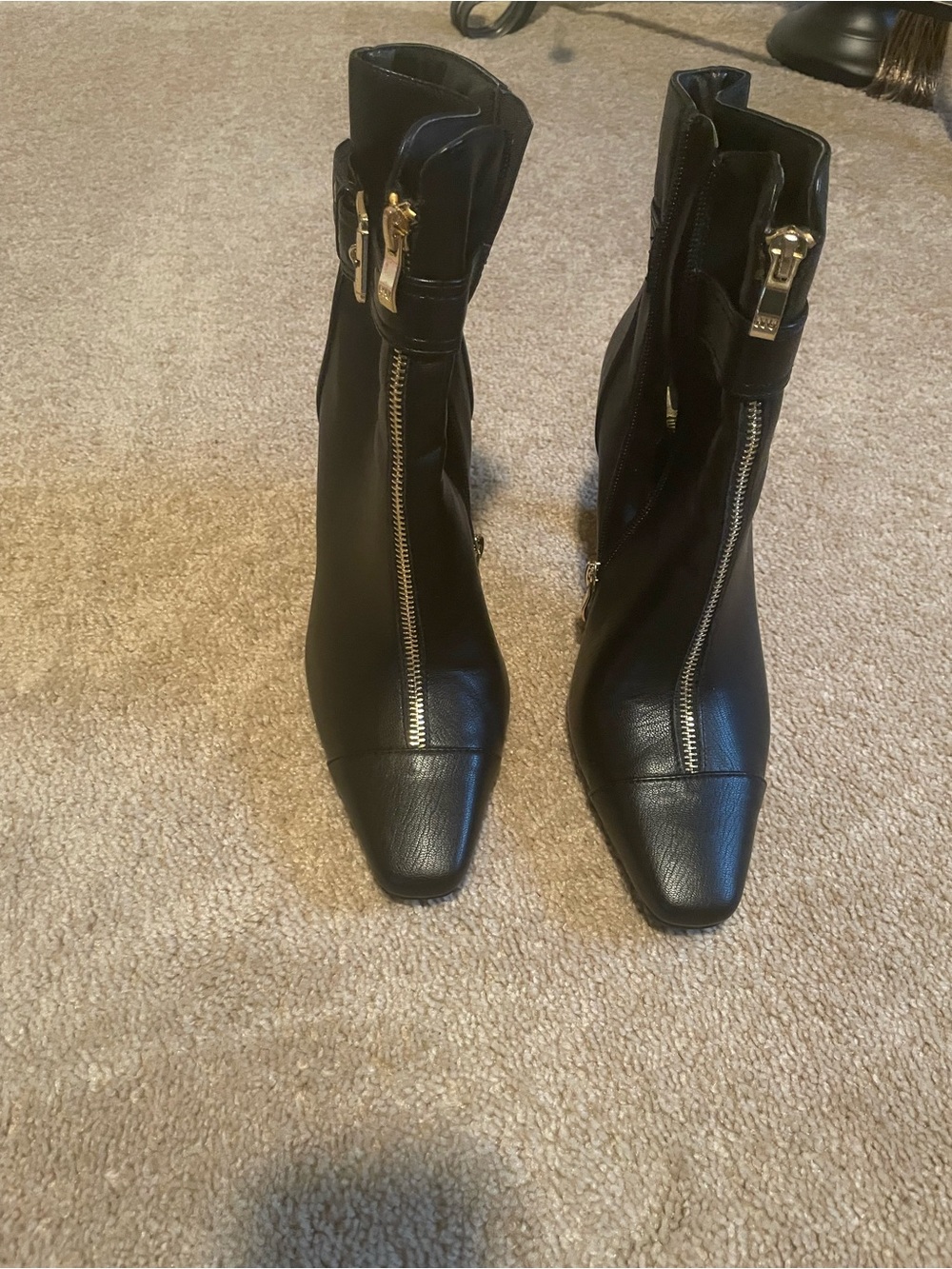 Women's Black Zip-Front Ankle Booties with Gold Accents